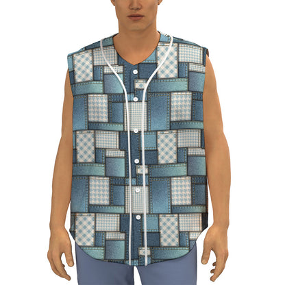 Plaid And Denim Patchwork Pattern Print Sleeveless Baseball Jersey