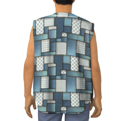 Plaid And Denim Patchwork Pattern Print Sleeveless Baseball Jersey