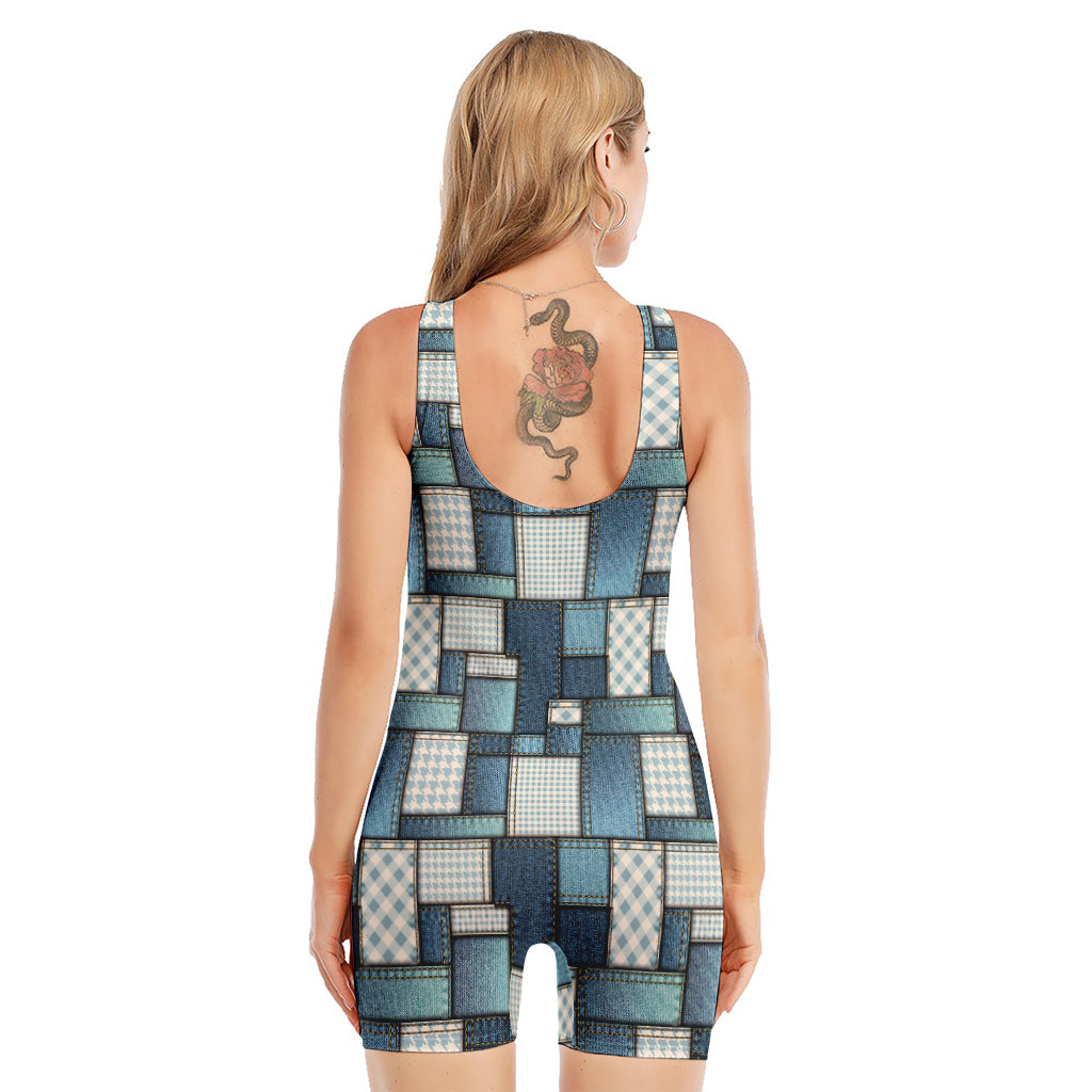 Plaid And Denim Patchwork Pattern Print Sleeveless One Piece Swimsuit