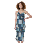 Plaid And Denim Patchwork Pattern Print Slim Fit Midi Cami Dress