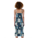 Plaid And Denim Patchwork Pattern Print Slim Fit Midi Cami Dress