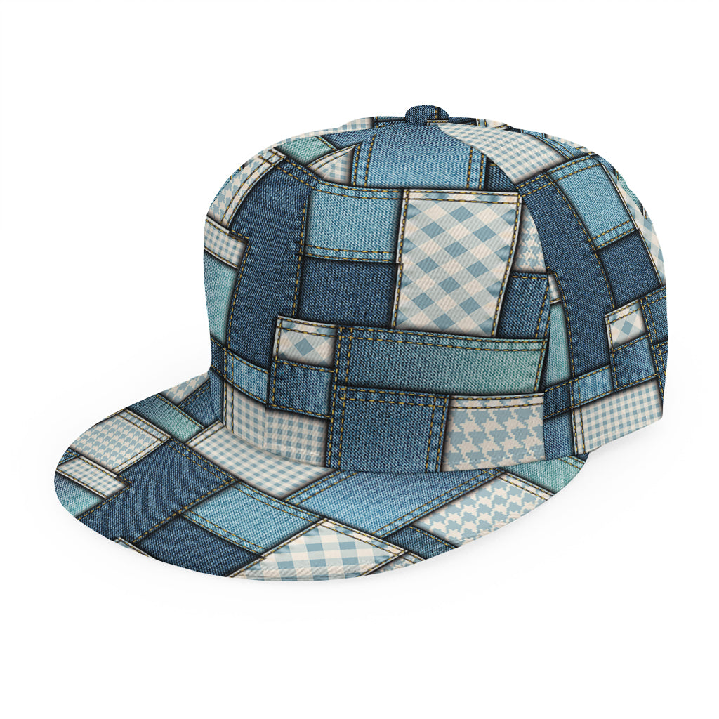 Plaid And Denim Patchwork Pattern Print Snapback Cap
