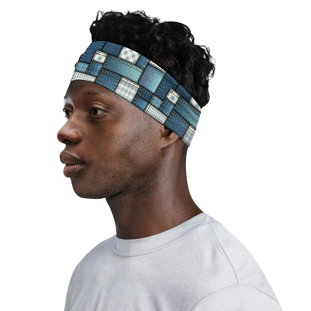 Plaid And Denim Patchwork Pattern Print Sports Headband