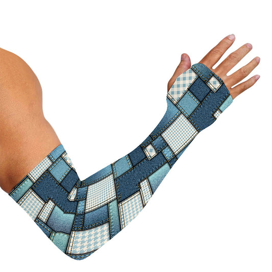 Plaid And Denim Patchwork Pattern Print Sun Protection Arm Sleeves