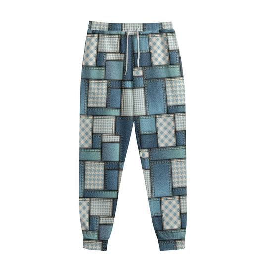 Plaid And Denim Patchwork Pattern Print Sweatpants