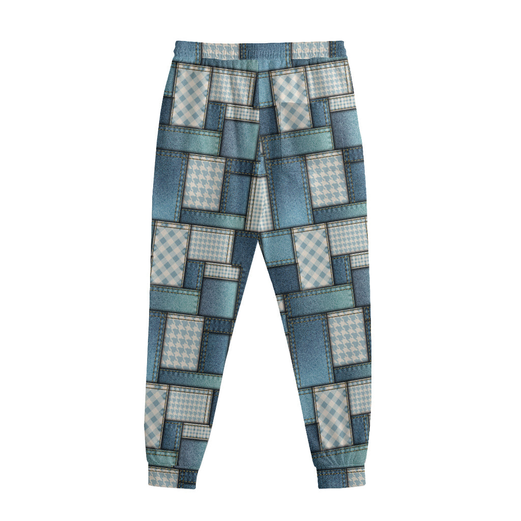 Plaid And Denim Patchwork Pattern Print Sweatpants
