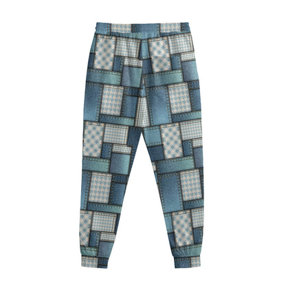 Plaid And Denim Patchwork Pattern Print Sweatpants