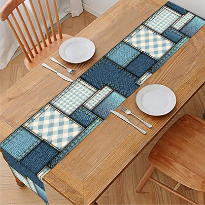 Plaid And Denim Patchwork Pattern Print Table Runner