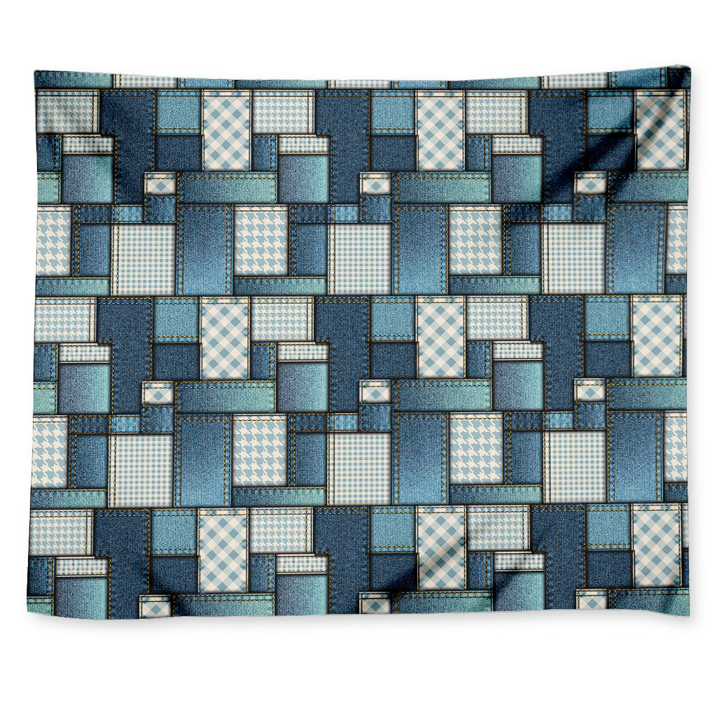 Plaid And Denim Patchwork Pattern Print Tapestry