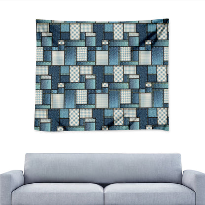 Plaid And Denim Patchwork Pattern Print Tapestry