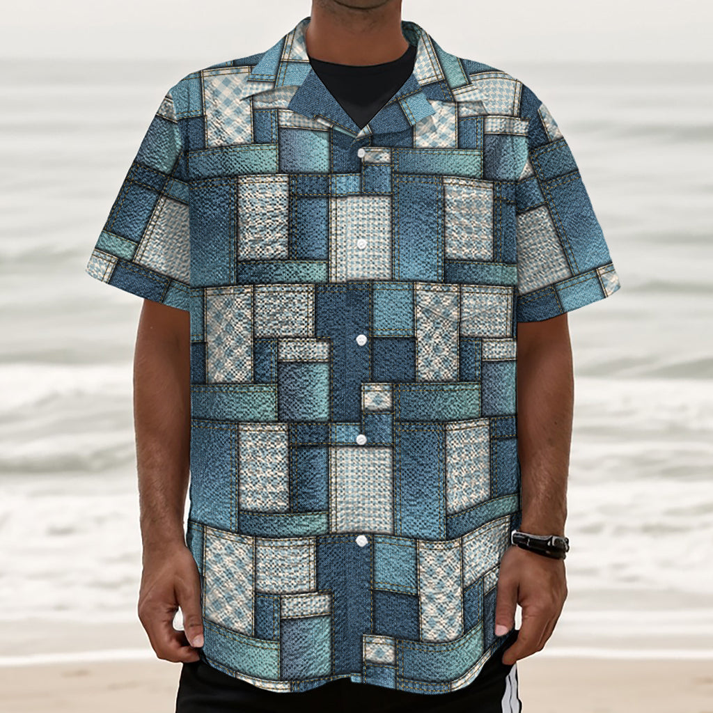Plaid And Denim Patchwork Pattern Print Textured Short Sleeve Shirt