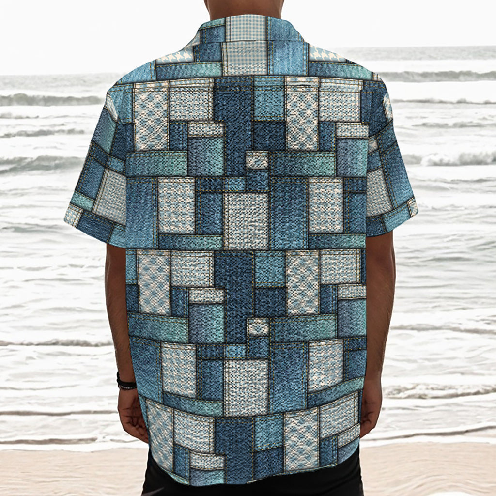 Plaid And Denim Patchwork Pattern Print Textured Short Sleeve Shirt
