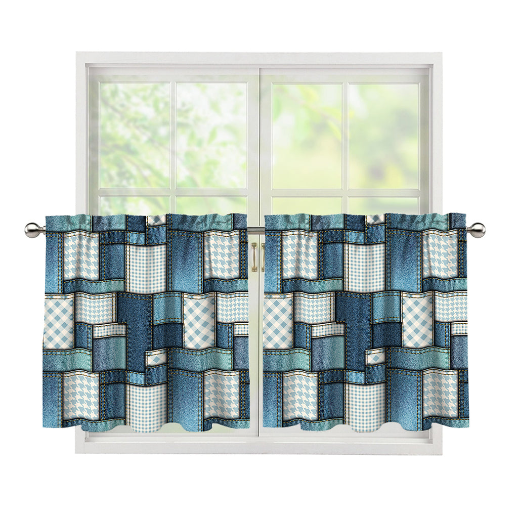 Plaid And Denim Patchwork Pattern Print Tier Curtains