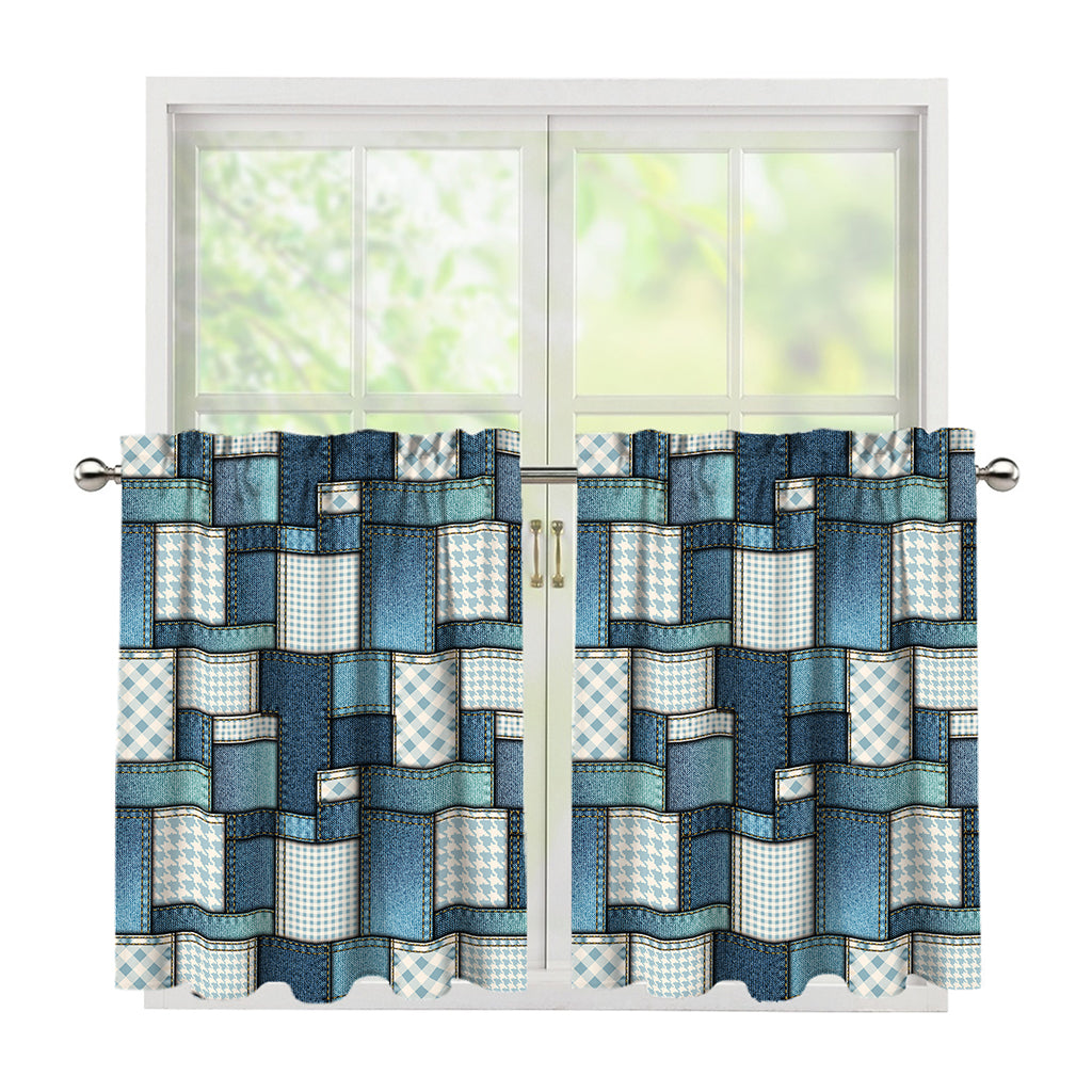 Plaid And Denim Patchwork Pattern Print Tier Curtains