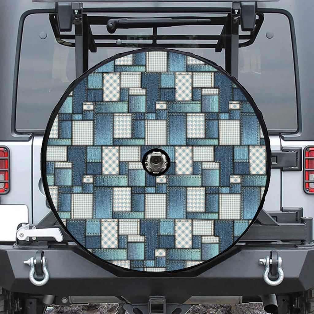 Plaid And Denim Patchwork Pattern Print Tire Cover With Camera Hole