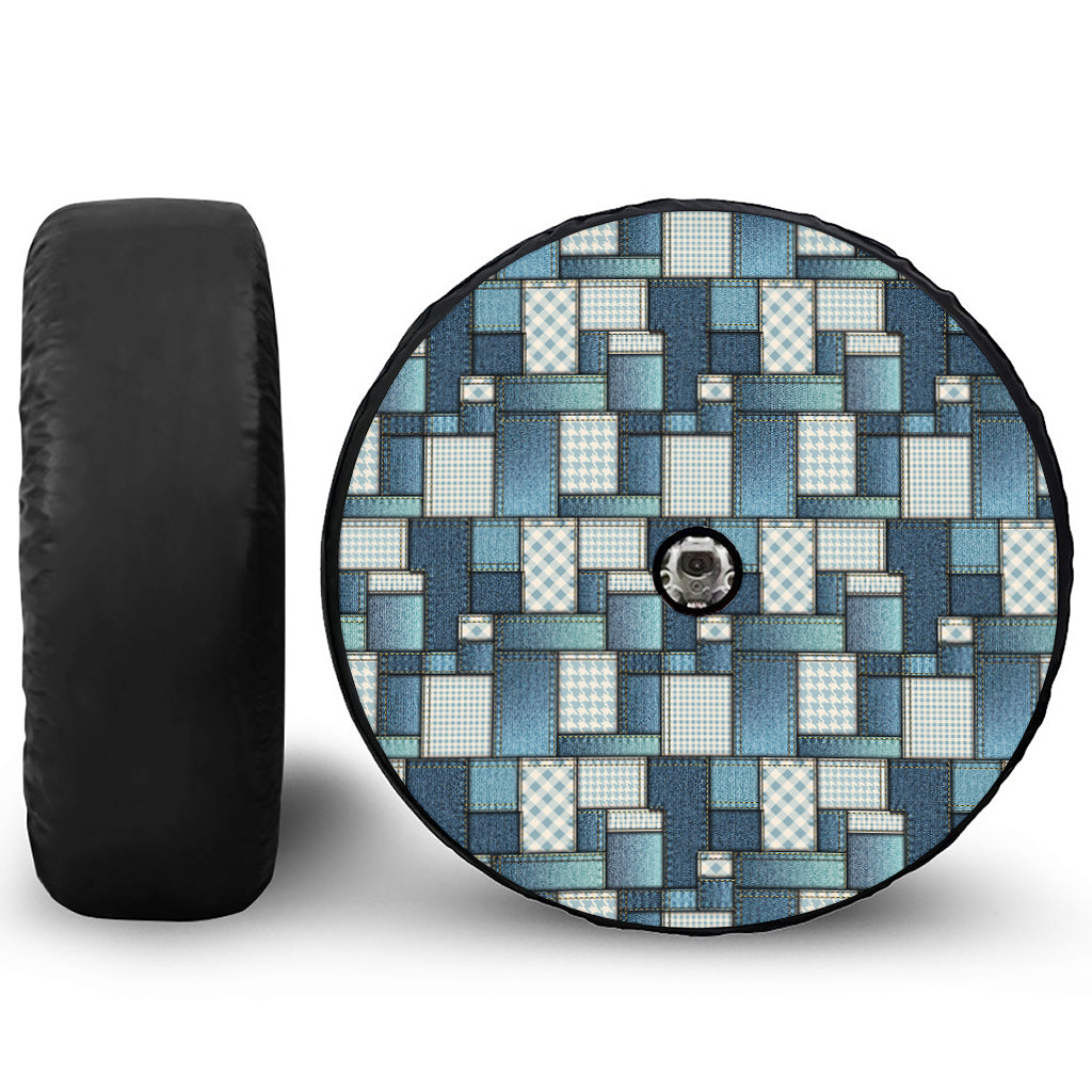 Plaid And Denim Patchwork Pattern Print Tire Cover With Camera Hole