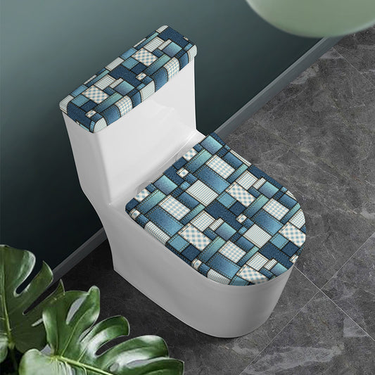 Plaid And Denim Patchwork Pattern Print Toilet Lid And Tank Cover Set