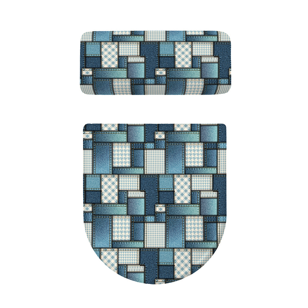 Plaid And Denim Patchwork Pattern Print Toilet Lid And Tank Cover Set