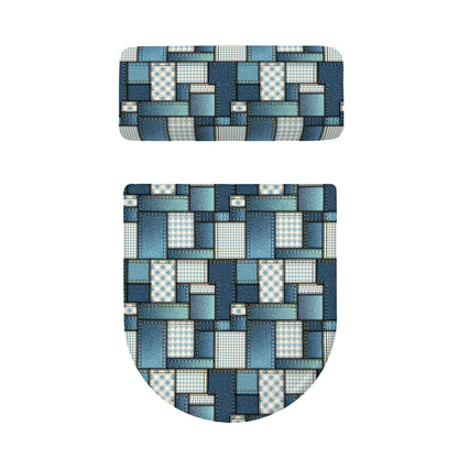Plaid And Denim Patchwork Pattern Print Toilet Lid And Tank Cover Set