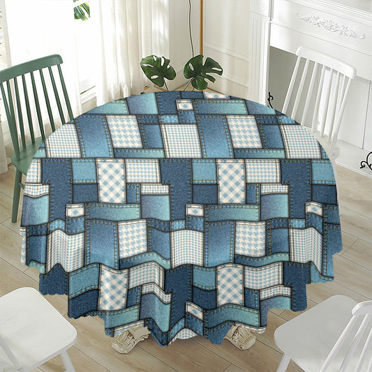 Plaid And Denim Patchwork Pattern Print Waterproof Round Tablecloth