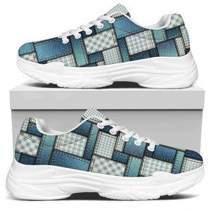 Plaid And Denim Patchwork Pattern Print White Chunky Shoes