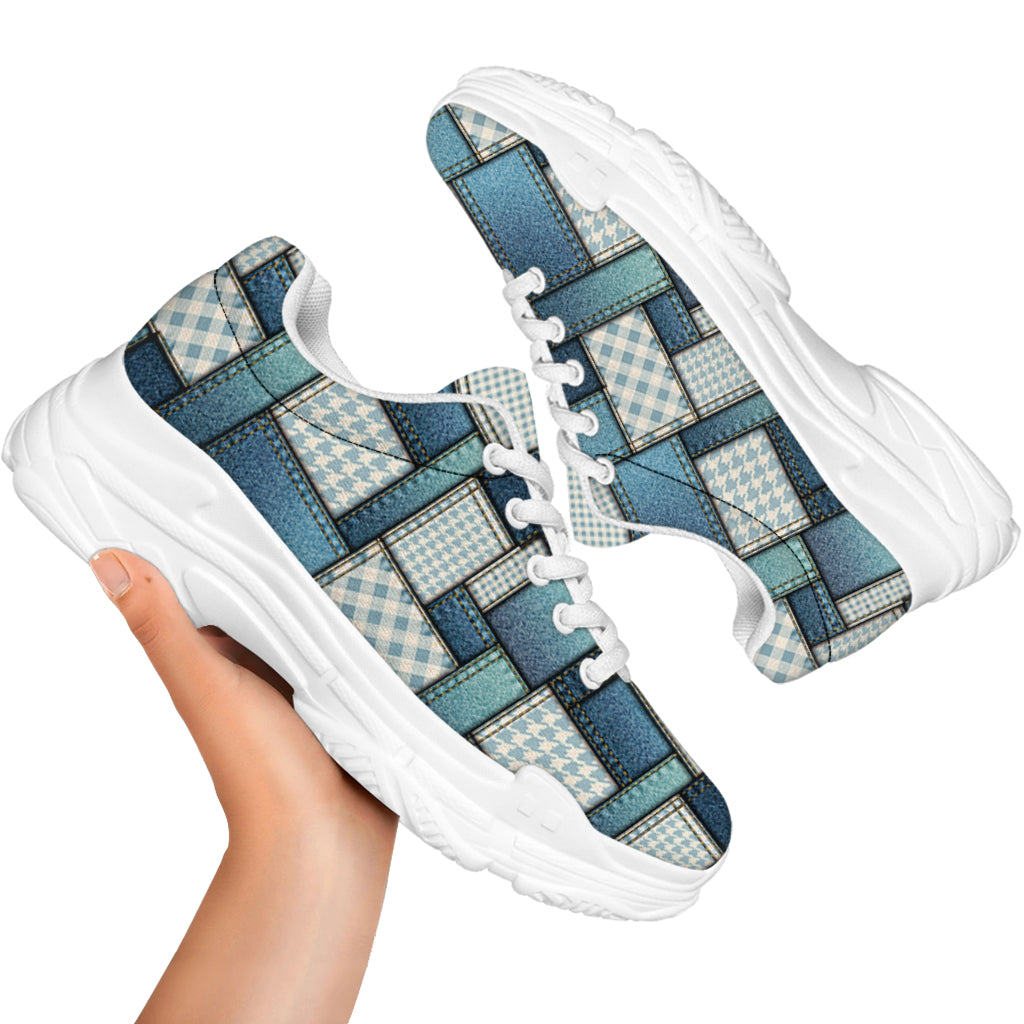 Plaid And Denim Patchwork Pattern Print White Chunky Shoes