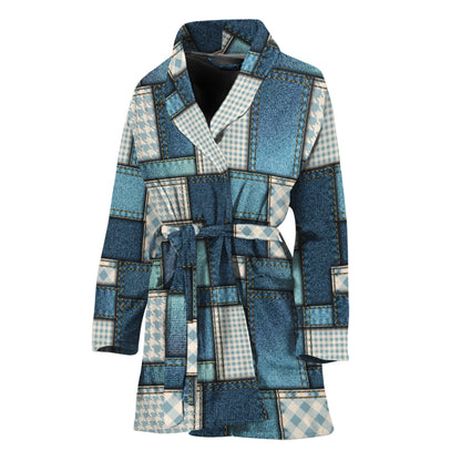 Plaid And Denim Patchwork Pattern Print Women's Bathrobe