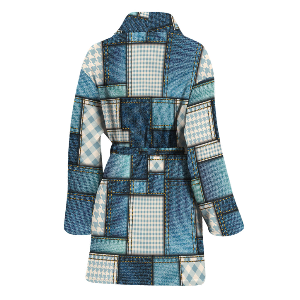Plaid And Denim Patchwork Pattern Print Women's Bathrobe