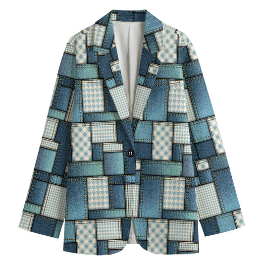 Plaid And Denim Patchwork Pattern Print Women's Blazer