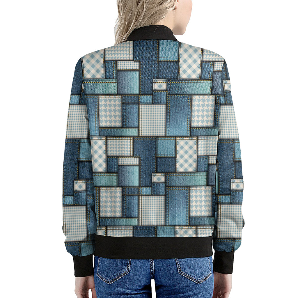 Plaid And Denim Patchwork Pattern Print Women's Bomber Jacket