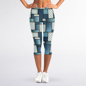 Plaid And Denim Patchwork Pattern Print Women's Capri Leggings