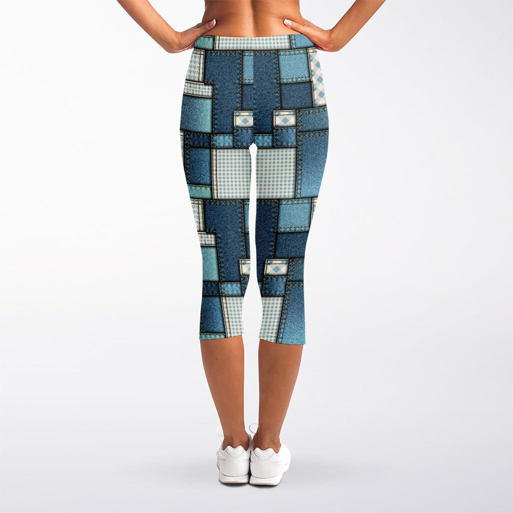 Plaid And Denim Patchwork Pattern Print Women's Capri Leggings