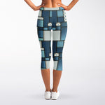 Plaid And Denim Patchwork Pattern Print Women's Capri Leggings