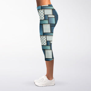 Plaid And Denim Patchwork Pattern Print Women's Capri Leggings