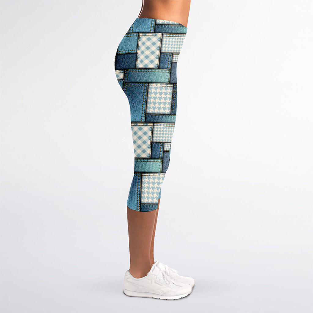 Plaid And Denim Patchwork Pattern Print Women's Capri Leggings