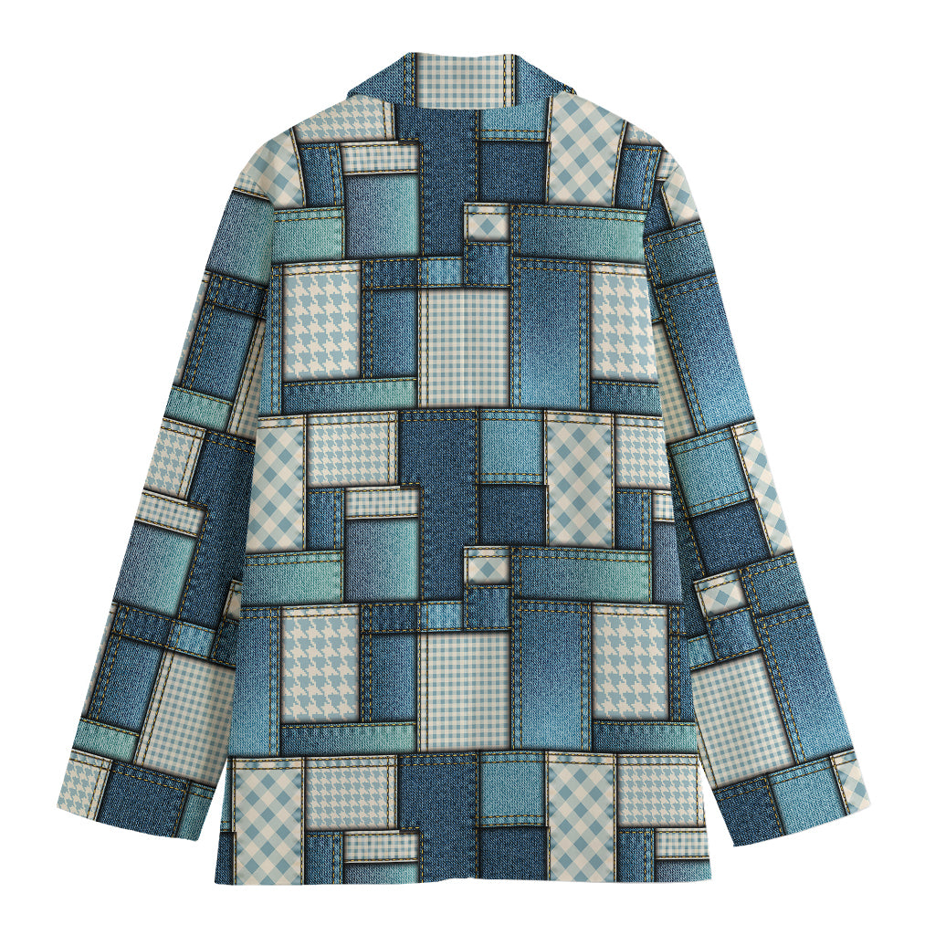 Plaid And Denim Patchwork Pattern Print Women's Cotton Blazer