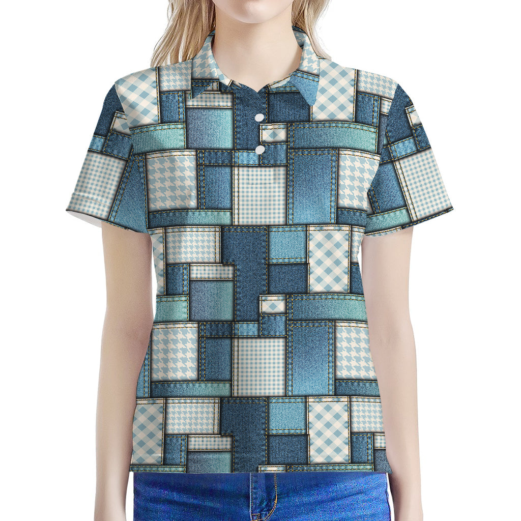 Plaid And Denim Patchwork Pattern Print Women's Polo Shirt