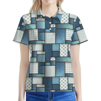 Plaid And Denim Patchwork Pattern Print Women's Polo Shirt