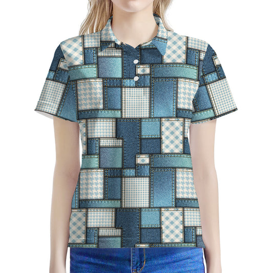 Plaid And Denim Patchwork Pattern Print Women's Polo Shirt