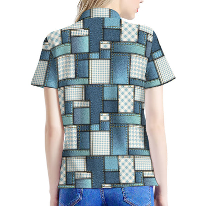 Plaid And Denim Patchwork Pattern Print Women's Polo Shirt