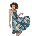 Plaid And Denim Patchwork Pattern Print Women's Sleeveless Dress