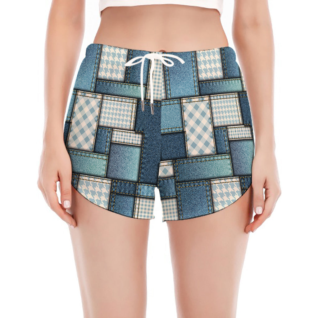 Plaid And Denim Patchwork Pattern Print Women's Split Running Shorts