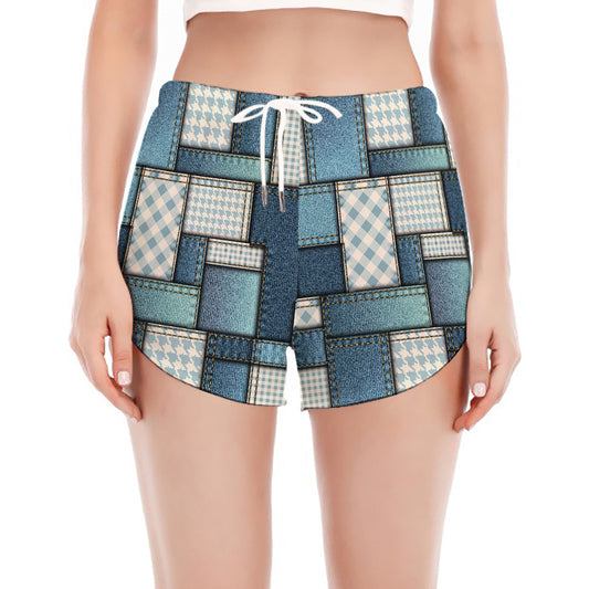 Plaid And Denim Patchwork Pattern Print Women's Split Running Shorts