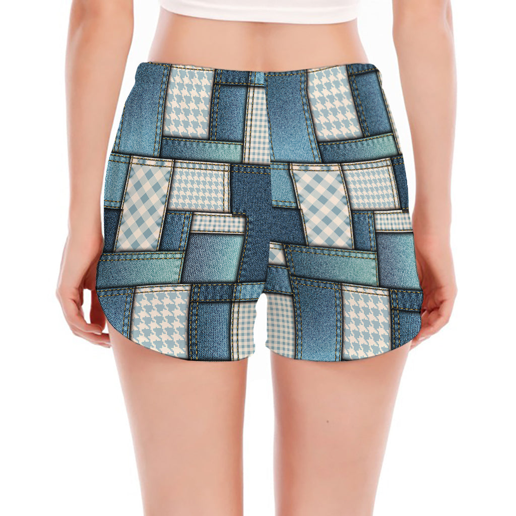 Plaid And Denim Patchwork Pattern Print Women's Split Running Shorts