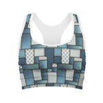 Plaid And Denim Patchwork Pattern Print Women's Sports Bra