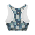 Plaid And Denim Patchwork Pattern Print Women's Sports Bra