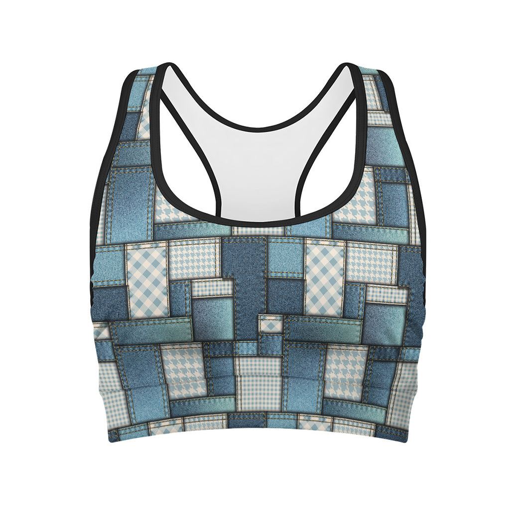 Plaid And Denim Patchwork Pattern Print Women's Sports Bra