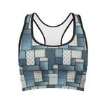 Plaid And Denim Patchwork Pattern Print Women's Sports Bra