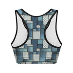 Plaid And Denim Patchwork Pattern Print Women's Sports Bra