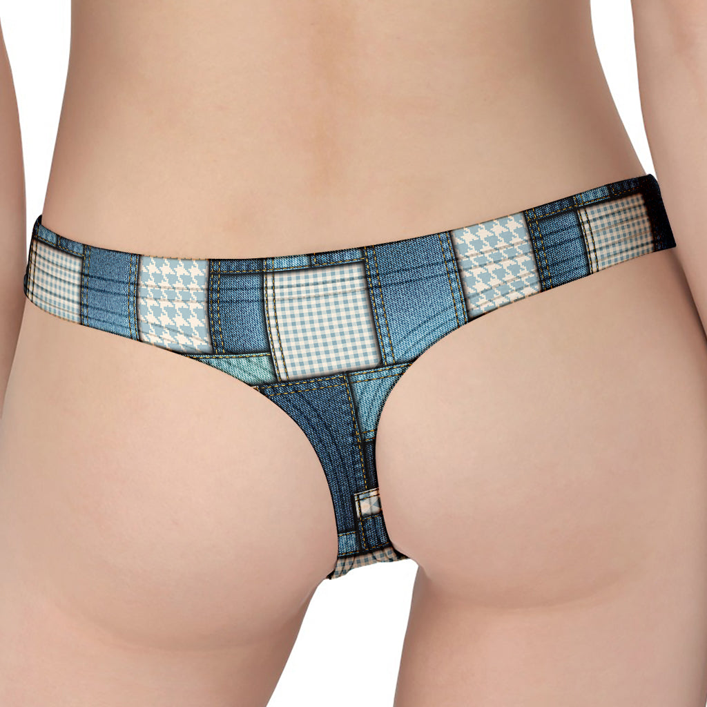 Plaid And Denim Patchwork Pattern Print Women's Thong